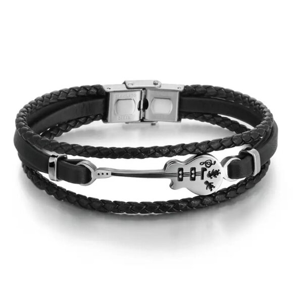 Leather Bracelet Guitar wrist Edgy Rock Bangle Stainless Black Stylish Music NEW - Picture 1 of 6